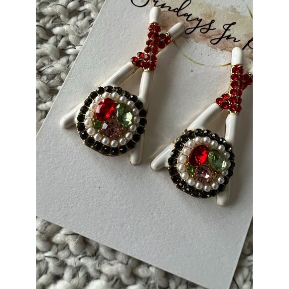 SUSHI Chopstick Jeweled Drop Earrings NEW - Picture 3 of 3